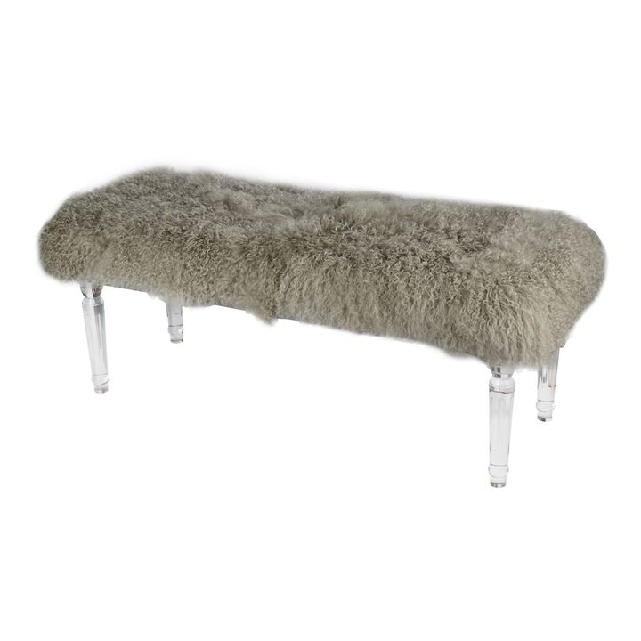 49 Inch Accent Bench, Faux Fur Seat, Clear Acrylic Legs, Smooth Rich Brown - Benzara
