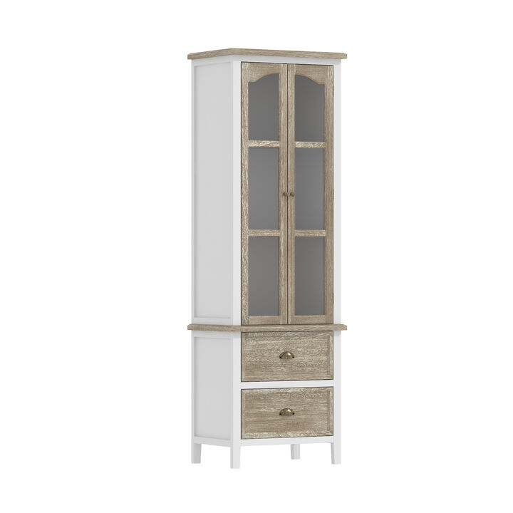 FUFU&GAGA Modern Tall Bookshelf with Glass Doors and Drawers for Home Office and Study, (23.6" W x 73" H x 15.7" D), White & Brown