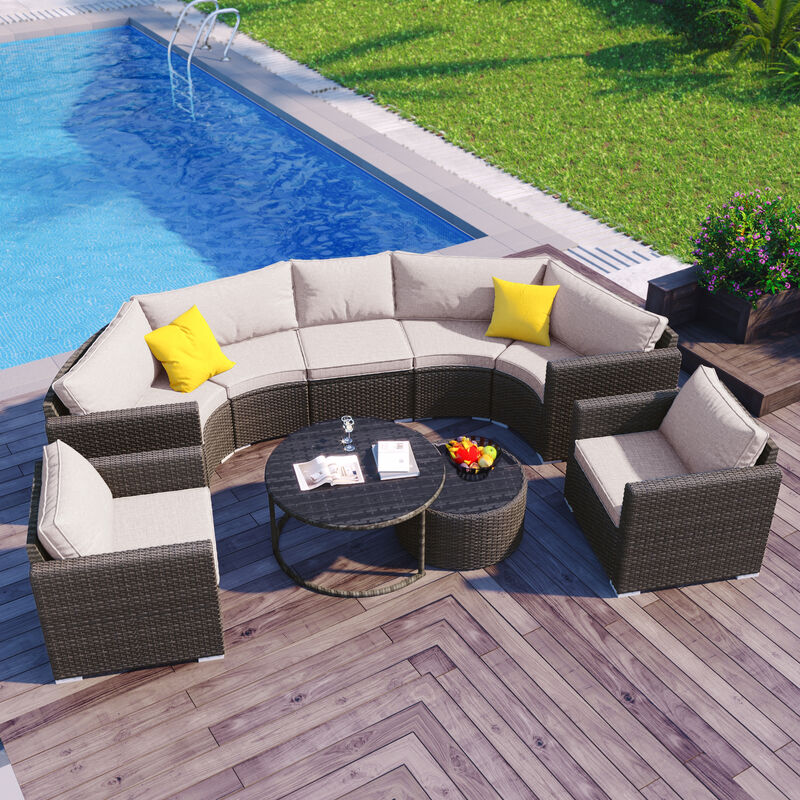 Whisen Modern Style Outdoor Half-moon Patio Sofa Set, 9-Pieces Round Sofa Set - Beige