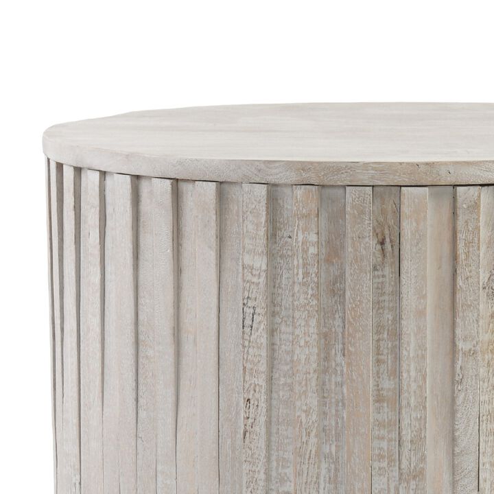 Mai 24 Inch Round End Table, Solid Wood, Fluted Design, Antique White-Benzara