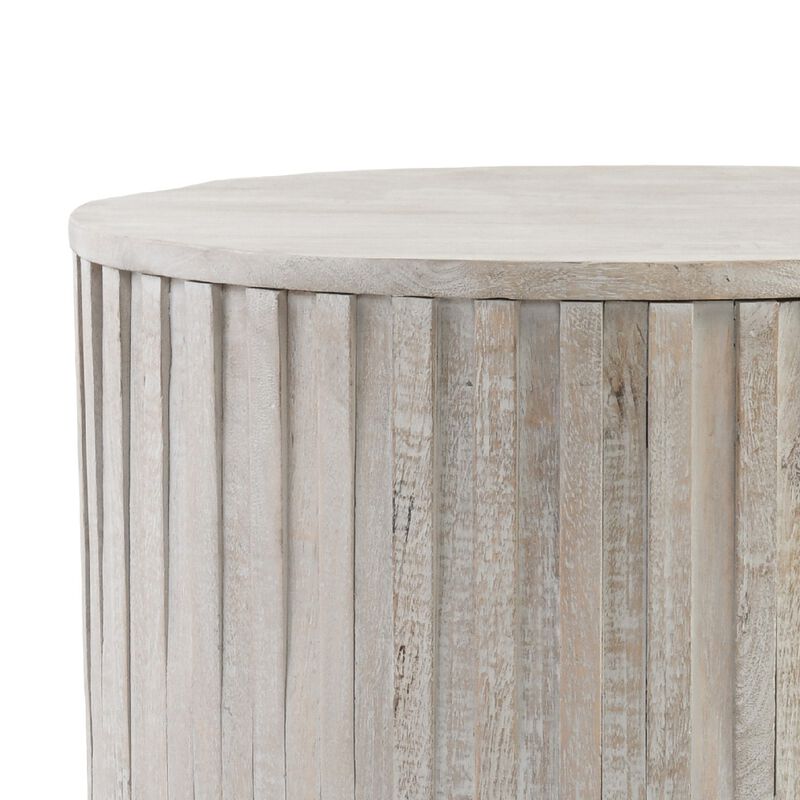 Mai 24 Inch Round End Table, Solid Wood, Fluted Design, Antique White-Benzara