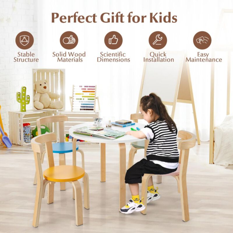 Hivvago 5-Piece Kids Wooden Curved Back Activity Table and Chair Set with Toy Bricks