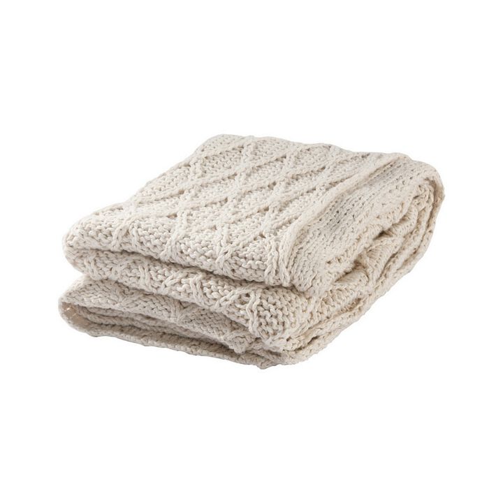 Lyla 50 Inch Cotton Throw Blanket, Hand Knitted Diamond Pattern, White-Benzara