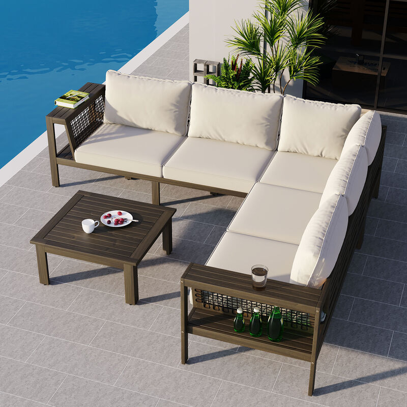 Whisen 4-Piece Acacia Wood Outdoor L-Shaped Sofa Set with Woven Mesh Armrests and Coffee Table