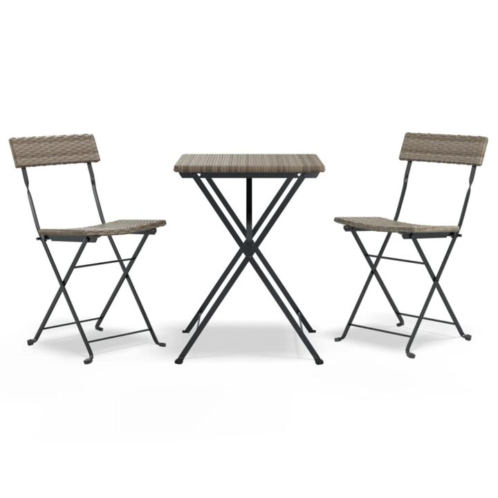 vidaXL Modern 3-Piece Folding Bistro Set in Gray - Weather-Resistant Poly Rattan Material with Powder-Coated Steel Frame - Perfect for Garden, Patio or Balcony