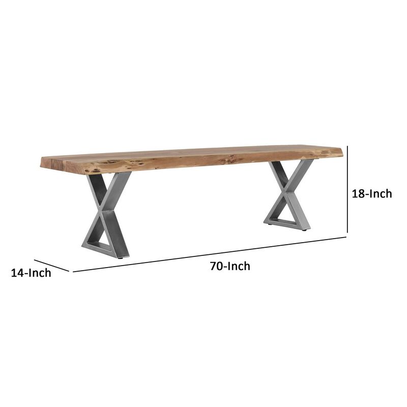 70 Inch Wood Dining Bench, Farmhouse Design, Crossed Legs, Brown, Chrome-Benzara