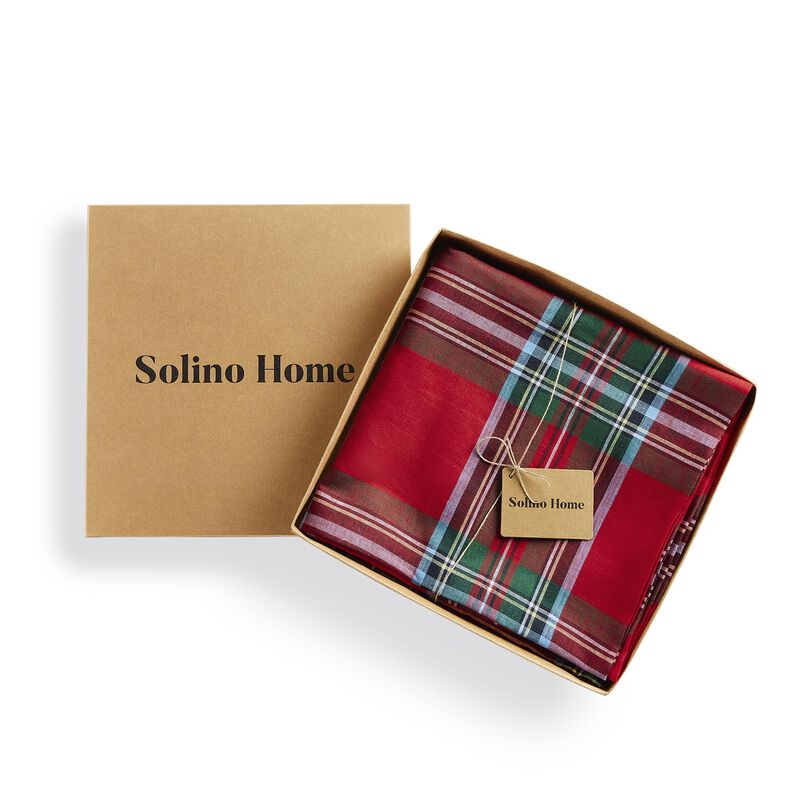 Solino Home 100% Pure Linen Round Tablecloth |Madras Holiday Plaid