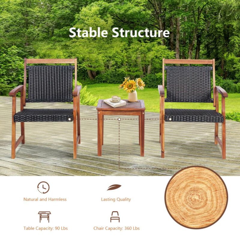 Hivvago 3 Pieces Rattan Bistro Set with Acacia Wood Frame for Garden
