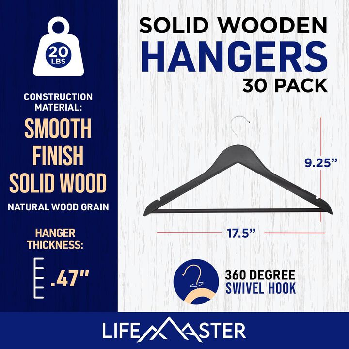 Lifemaster Wooden Clothes Hangers – With 360 Degree Swivel Hook and Non-Slip Shoulder Notch, Holds Up To 10 lbs, Pants Bar Design, For Organizing Suit, Dress, Coat, and Clothes, Pack of 30, Brown