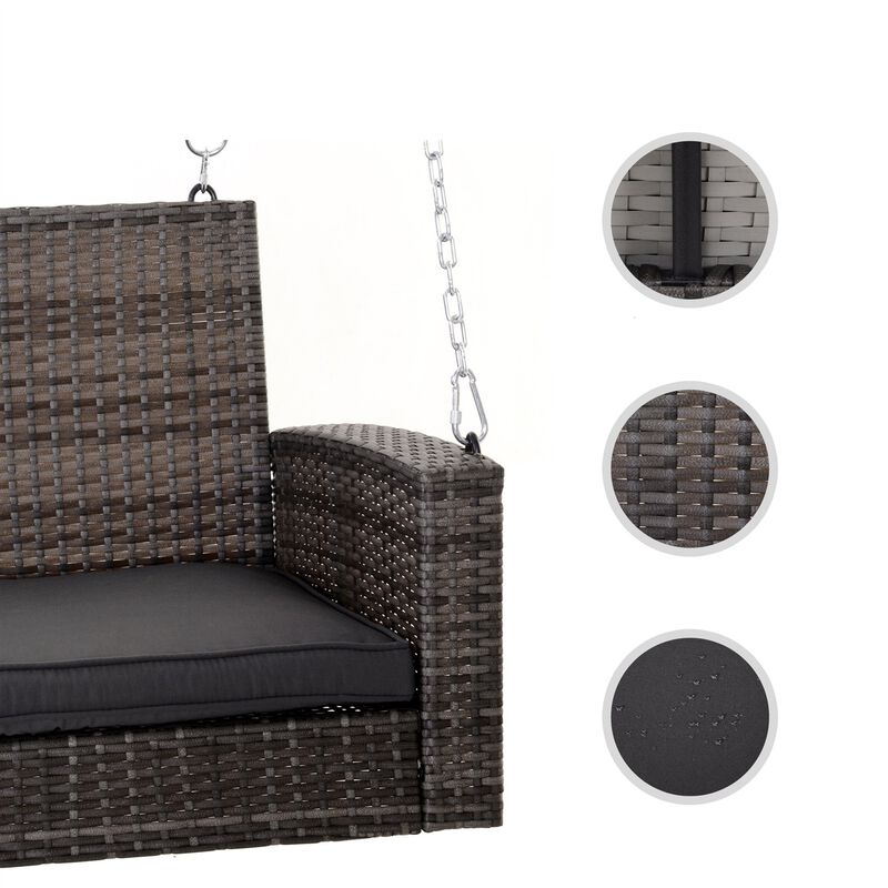 Hivvago Grey Tones Wicker Porch Swing 7ft Hanging Chain with Dark Grey Padded Cushion