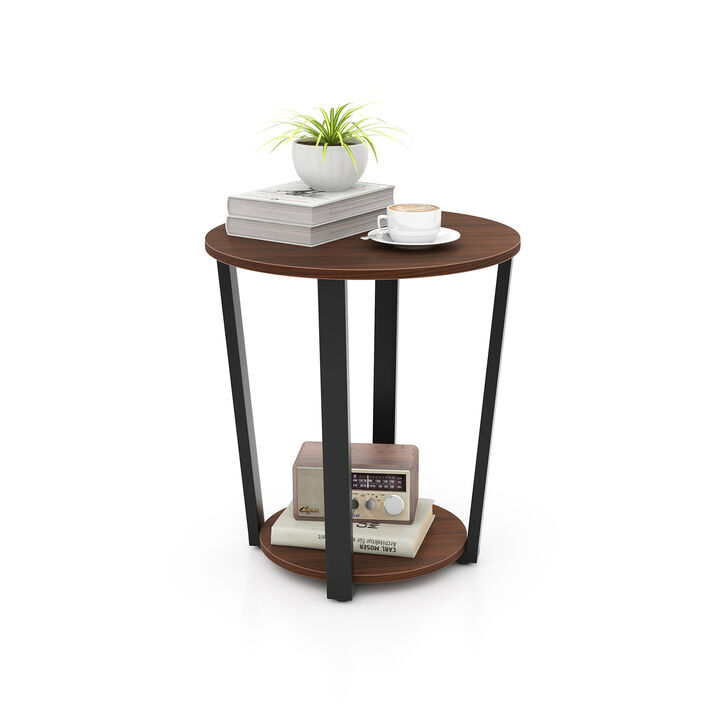 Round End Table with Open Shelf and Metal Frame for Living Room or Bedroom Storage