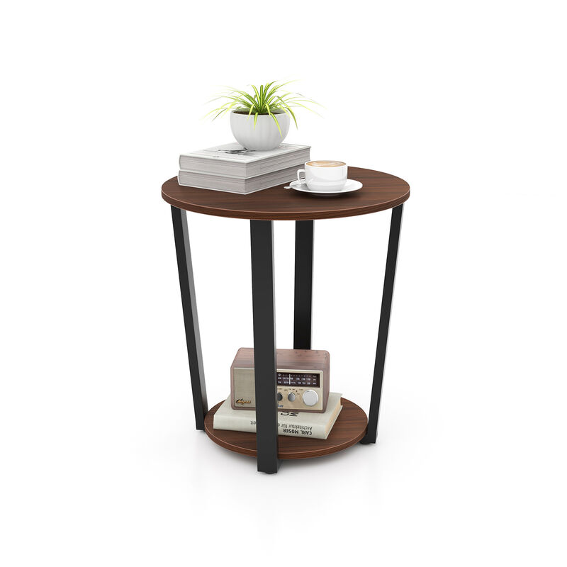 Round End Table with Open Shelf and Metal Frame for Living Room or Bedroom Storage