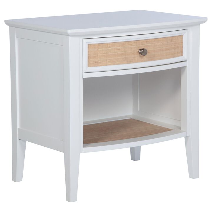 Heo Nightstand, 1 Brown Rattan Woven Drawer, Open Shelf, White Wood - Benzara