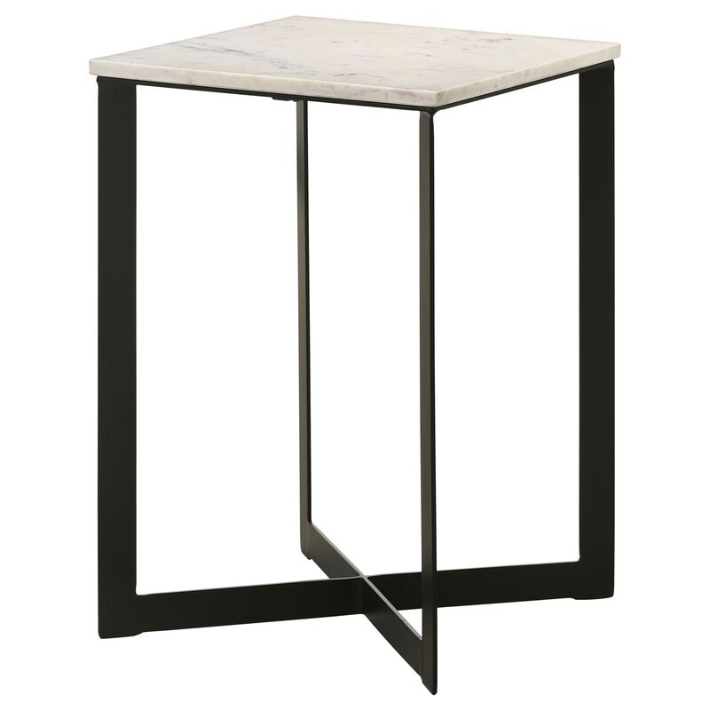 Sovi 24 Inch Side End Table, Square Marble Top, Black Metal Frame, White - Benzara