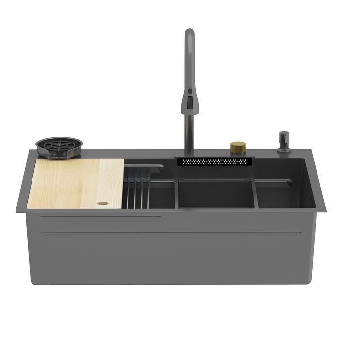 FUFU&GAGA Premium 304 Stainless Steel Bathroom Sink – Black Titanium Finish with 360° Faucet and Complete Accessories,( 33.2" W x 22.7" D x 8.9" H),Black