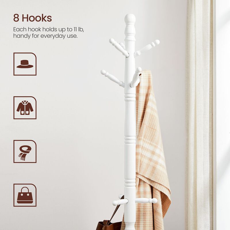 Solid Wood Coat Rack Stand with 10 Hooks - Freestanding Hall Tree