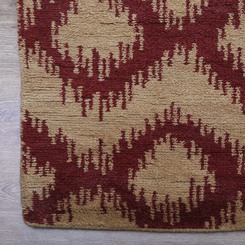 HAND KNOTTED WOOL Geometric AREA RUGS  - 9'x12', Rectangle Shape, Red Gold Color, Geometric Modern, Medium Pile Handmade Area Rugs for Living Room, Bed Room (N00165)