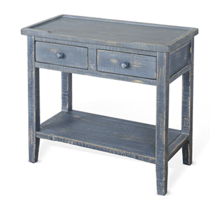 Rena Side End Table, 2 Drawers 1 Shelf, 28 Inch Rustic Blue Mahogany - Benzara