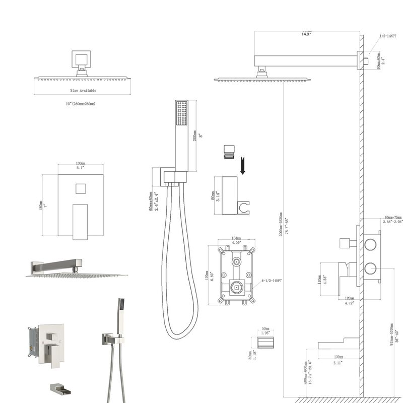 10" Rain Shower Head Systems With Waterfall Tub Spout, Brushed Nickel, Ceiling Mounted Shower