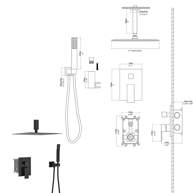 Ceiling Shower Set - 10 Inch Square Shower Set, Dual Shower Heads, Oil Rubber Bronze