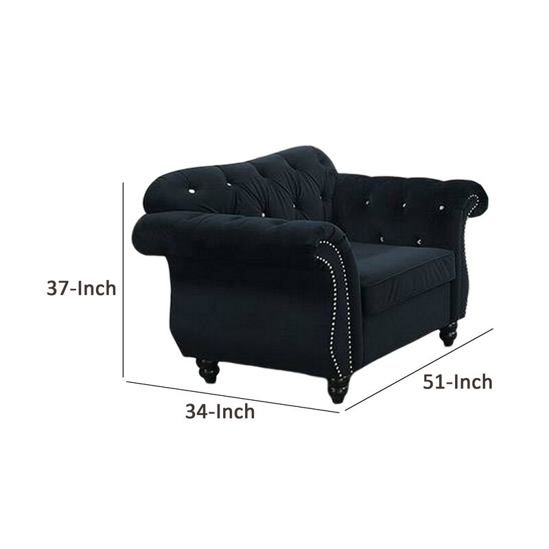 Rima 51 Inch Classic Accent Chair, Velvet Upholstery, Rolled Arms, Black-Benzara