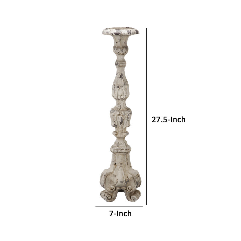 28 Inch Metal Candle Holder, Classical Turned Pedestal, Distressed White - Benzara