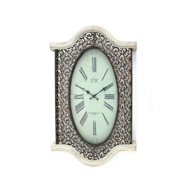 Wall Clock with Scalloped Wooden Top and Bottom, White-Benzara