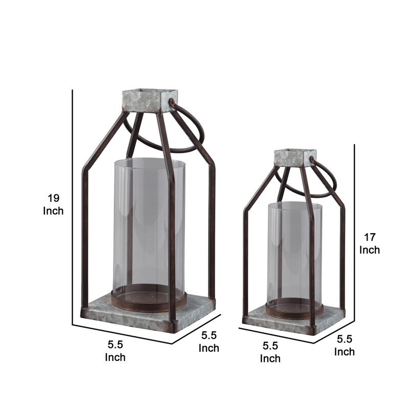 Geometric Lantern with Glass Hurricane, Set of 2, Black and Gray-Benzara