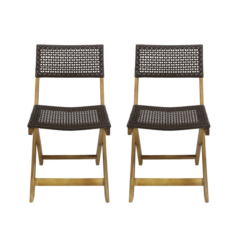 Bistro Side Chair, Foldable, Outdoor Gray Wicker Cane, Brown Acacia Wood - Benzara