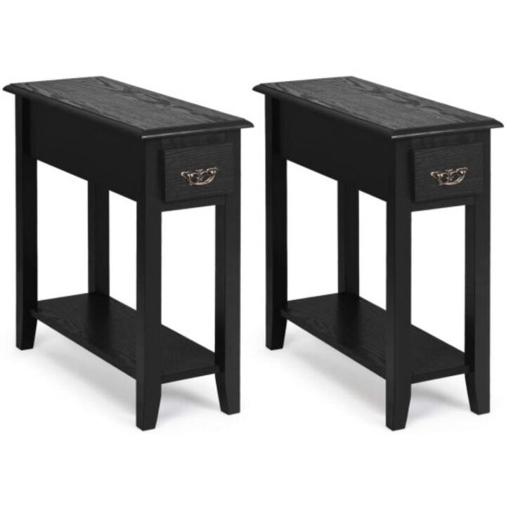 2 Pieces 2 Tier Sofa Side End Table with Drawer and Open Shelf