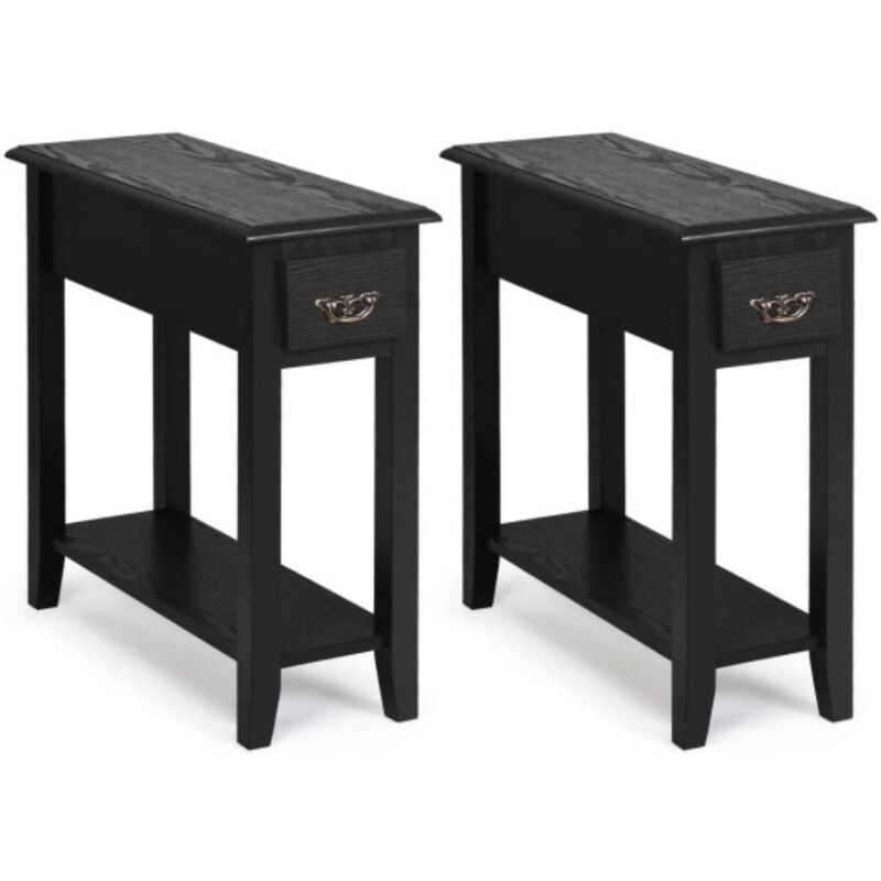 2 Pieces 2 Tier Sofa Side End Table with Drawer and Open Shelf