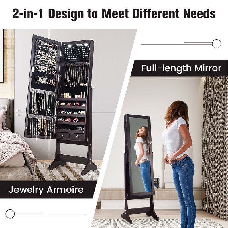 Lockable Mirrored Jewelry Cabinet with Stand and Led Lights