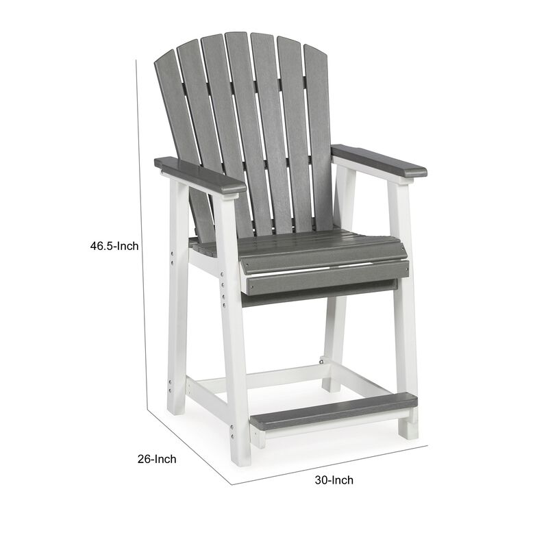 24 Inch Counter Stool Armchair Set of 2, Outdoor Slatted, Gray, White - Benzara