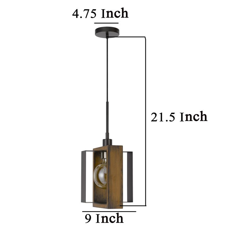 Gen 9 Inch Mini Pendant Light Fixture w Bulb, Black Metal, Pine Wood - Benzara