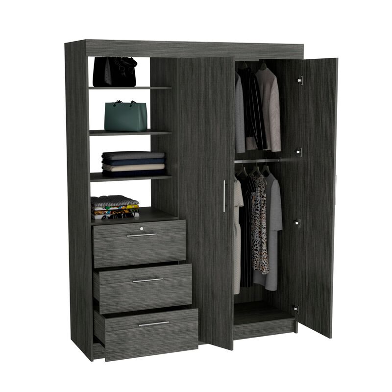 Kenya 3 Drawers Armoire, Double Door, 3-Tier Shelf -Smokey Oak