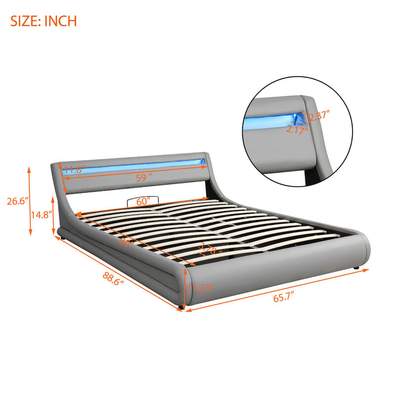 Upholstered PU Leather Platform Bed With A Hydraulic Storage System With LED Light Headboard