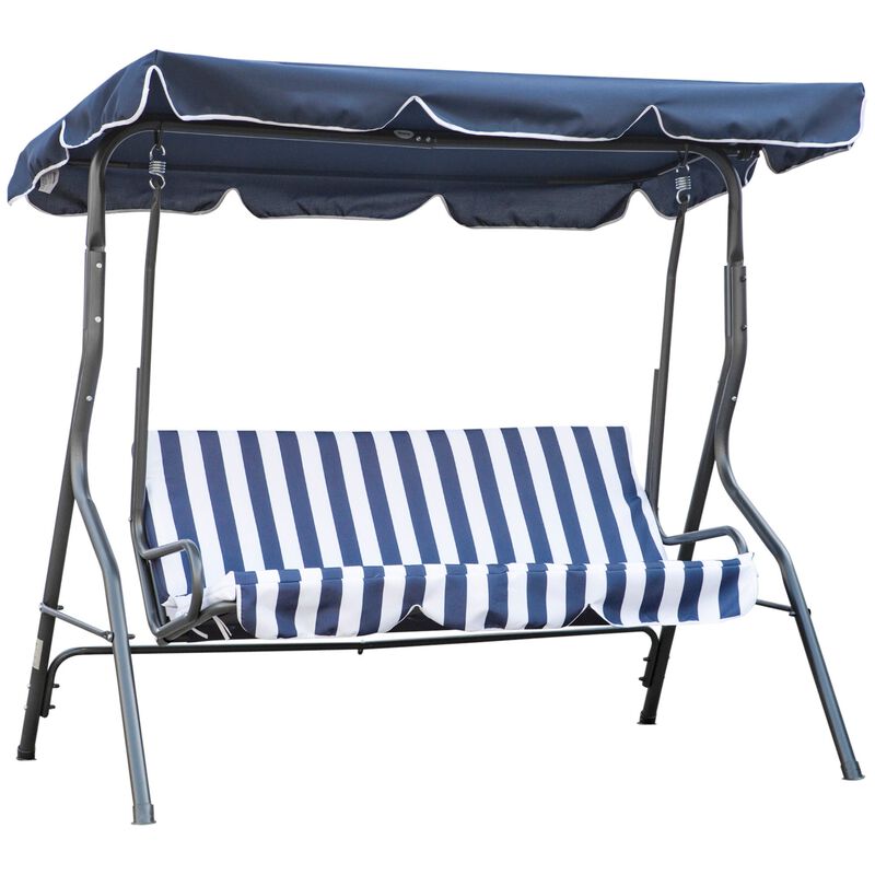 Striped Porch Swing: 3-Person Blue/White with Adjustable Canopy