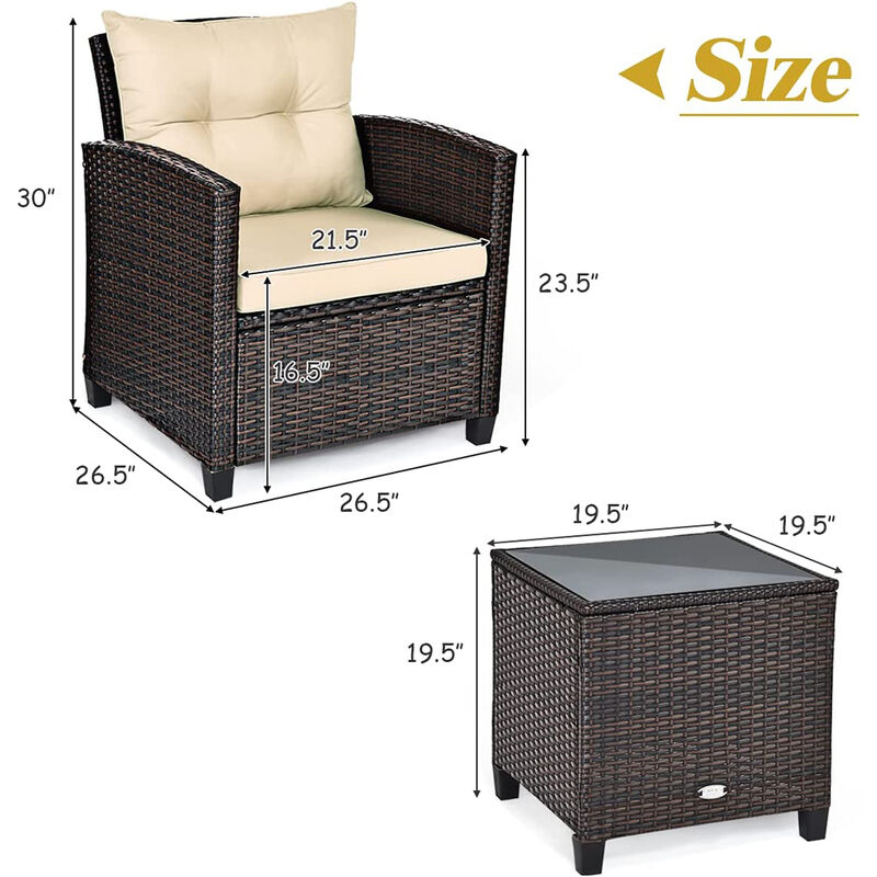 3 Pcs Patio Rattan Furniture Set Cushioned Conversation Set Coffee Table