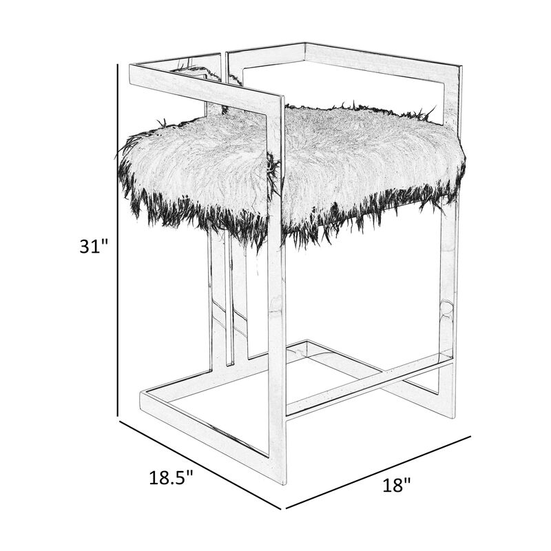 Suki 26 Inch Counter Stool Chair, Black Faux Fur, Silver Stainless Steel - Benzara