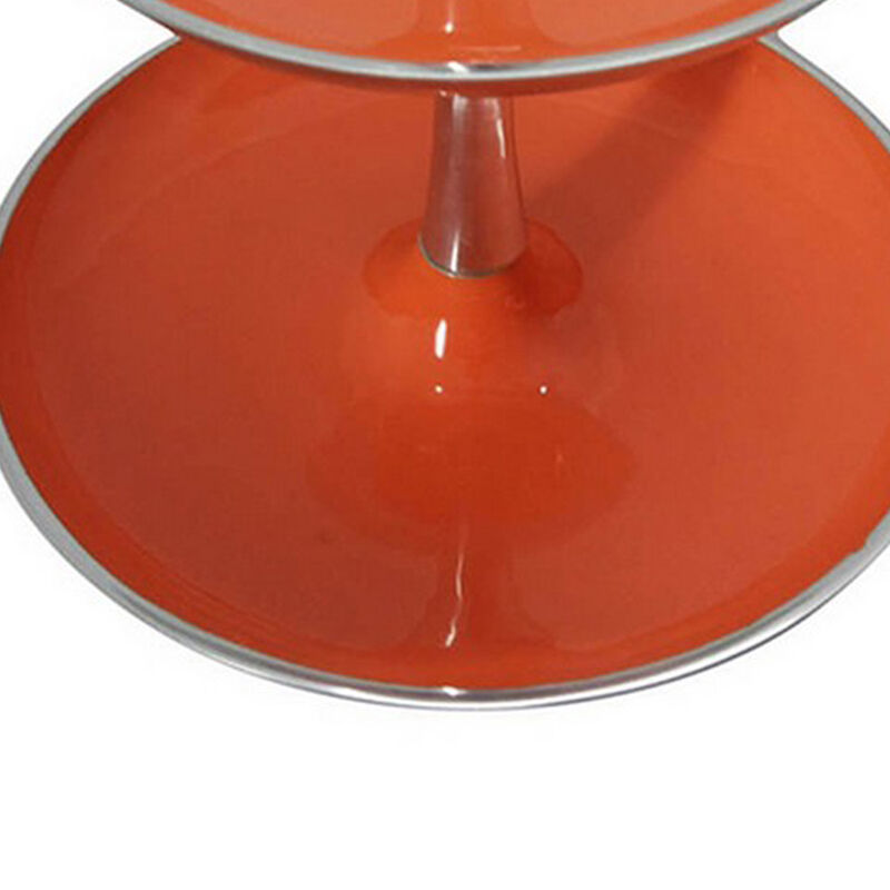 Lio 12 Inch 2 Tier Serving Tray, Orange Round Plate, Silver Aluminum Finish - Benzara