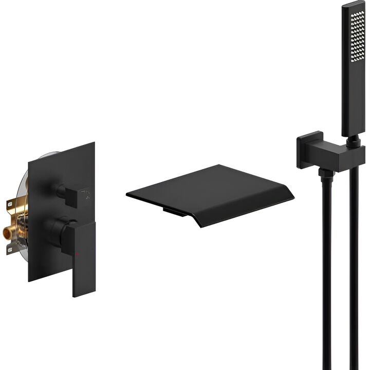 Wall Mount Tub Faucet with Handheld Shower, Waterfall Spout & Brass Valve