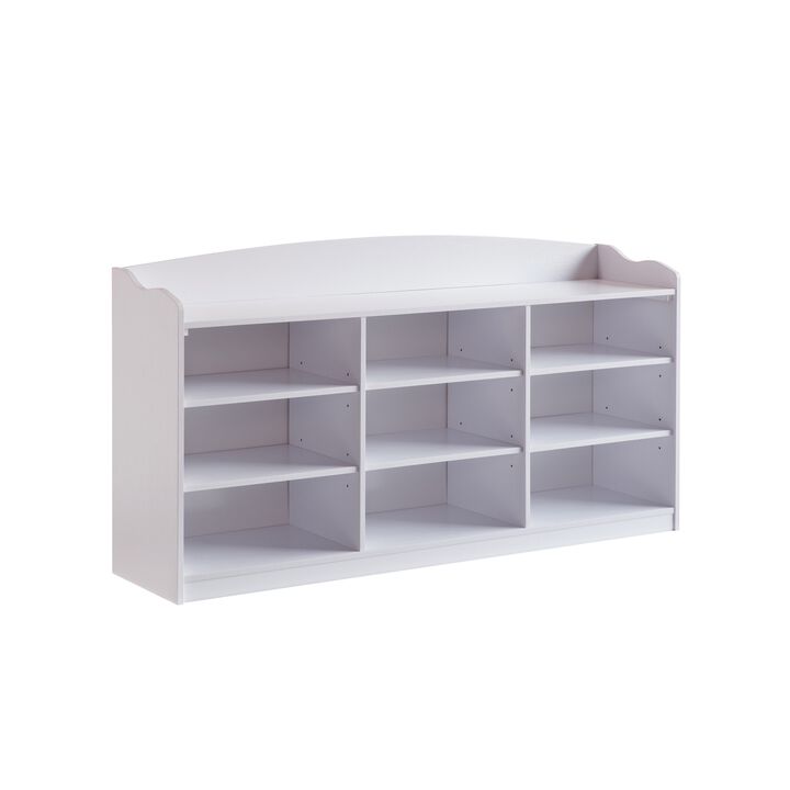 Hale Shoe Bench, 48 Inch Top, 9 Open Compartments, Modern White Finish - Benzara
