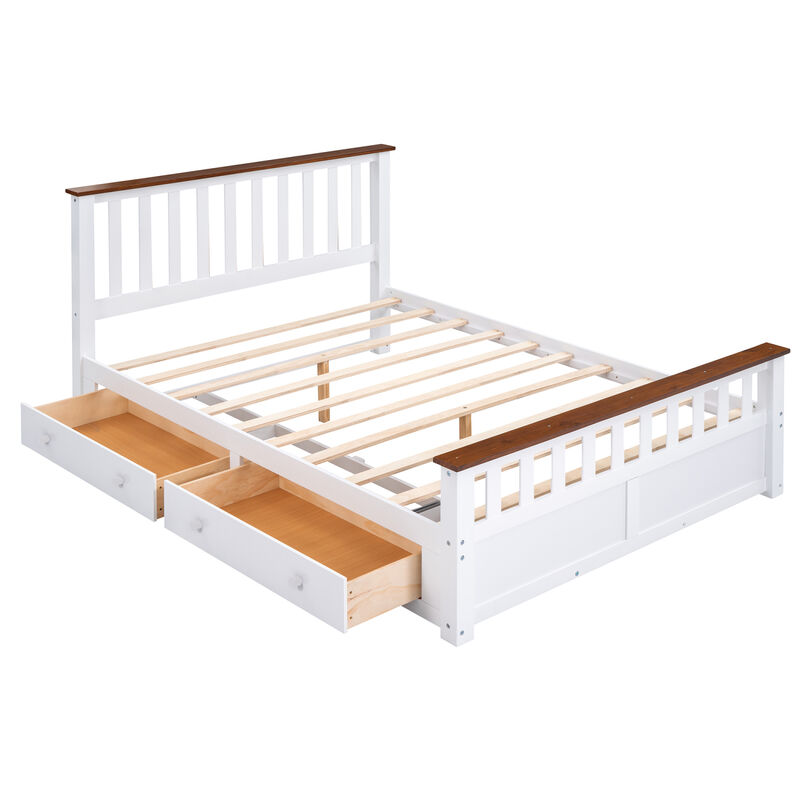 Queen Size Wood Platform Bed With Two Drawers And Wooden Slat Support
