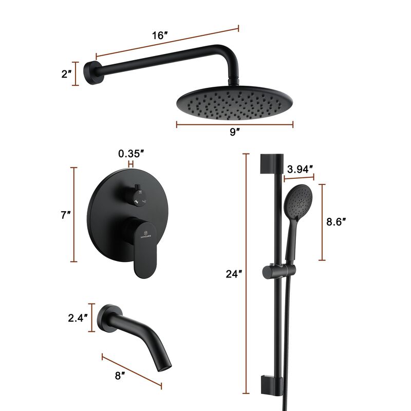 Mondawe 9 Inch 3-functions Wall Mounted Rainfall Shower Body Round Top Spray System with Handheld