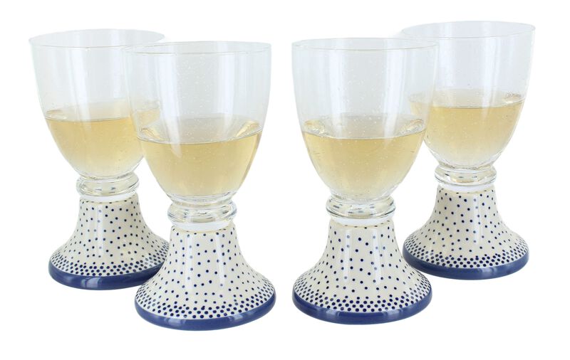 Blue Rose Polish Pottery Small Dots 4 Piece Wine Glass Set