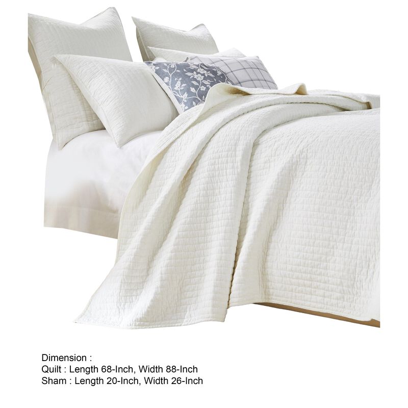 Xumi 2pc Twin Quilt and Pillow Sham Set, Channeled, Antique White Cotton - Benzara