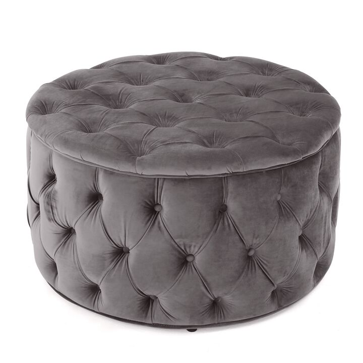 Keja Ottoman, Tufted Dark Gray Velvet, Soft Cushioning, Round 30 Inch - Benzara