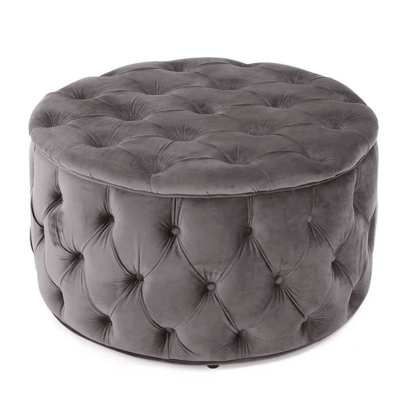Keja Ottoman, Tufted Dark Gray Velvet, Soft Cushioning, Round 30 Inch - Benzara