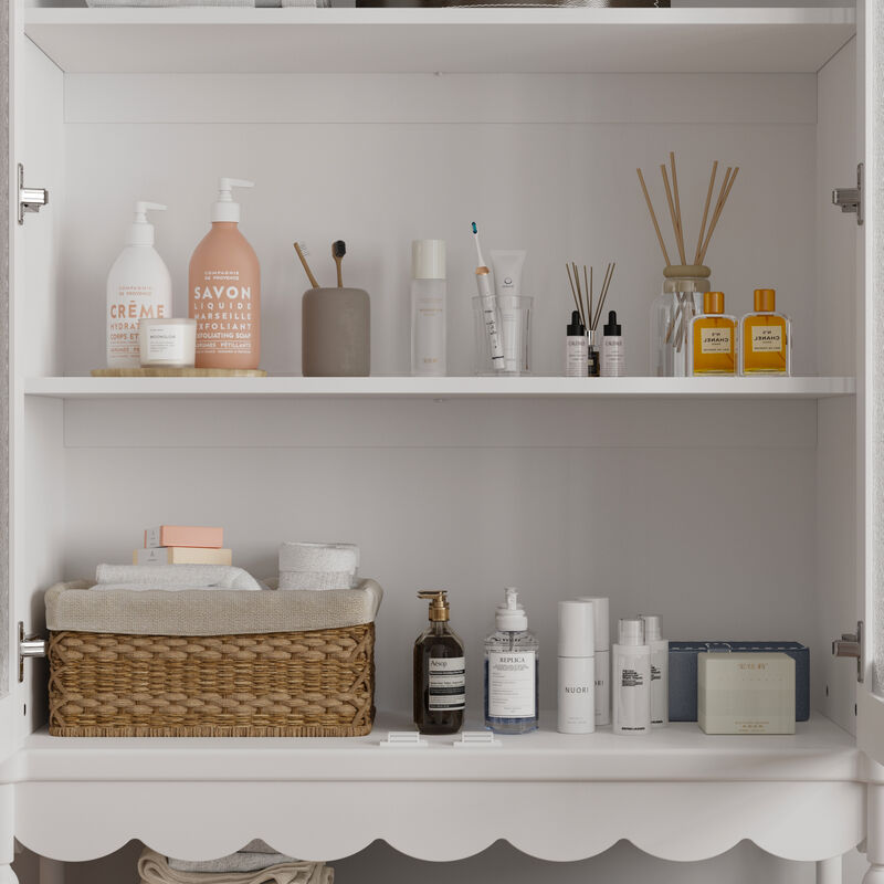 FUFU&GAGA Elegant White Bathroom Storage Cabinet – 2 Glass Doors & Open Shelf, Sturdy MDF Bathroom Organizer (34.8" W x 15.7" D x 62.2" H), White