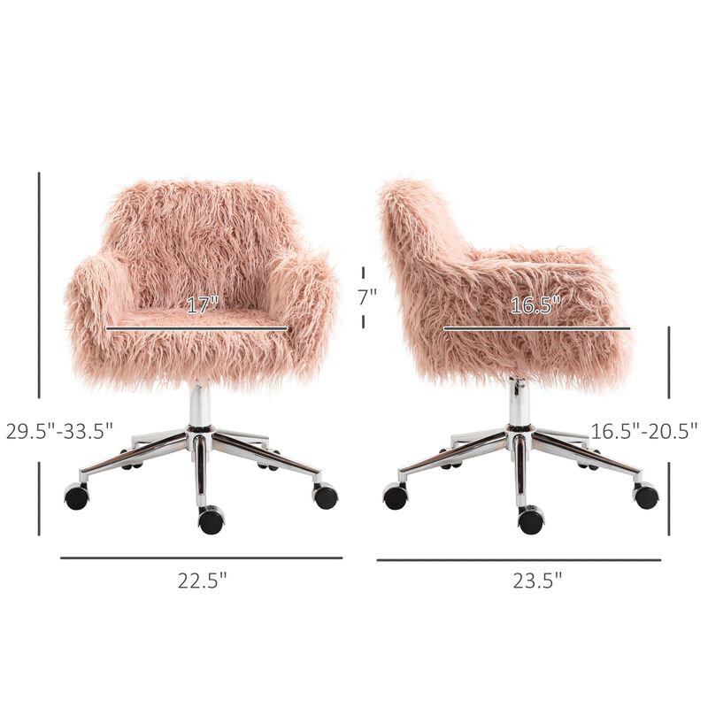 Pink Office Comfort: Faux Fur Swivel Vanity Chair with Wheels